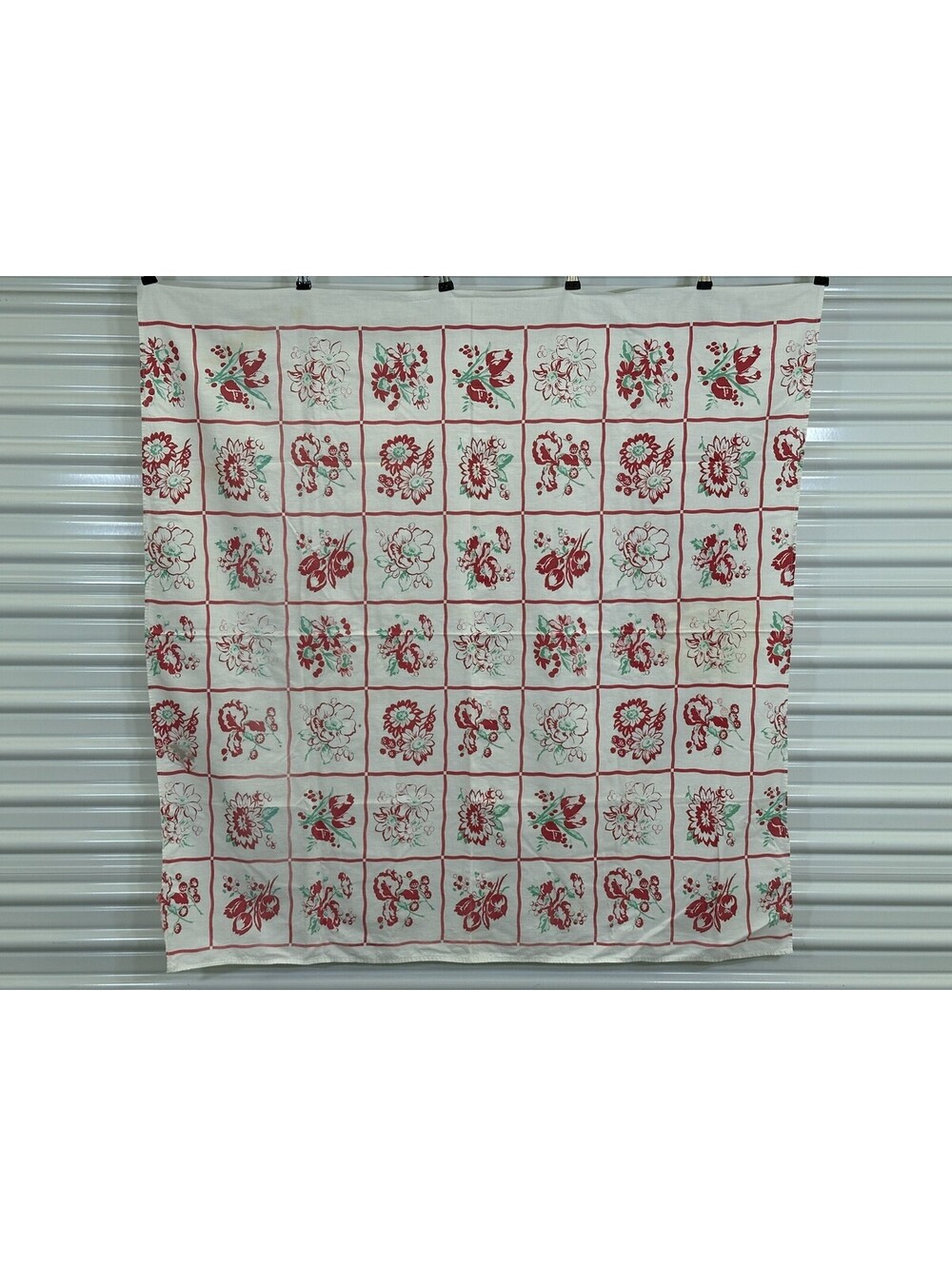 Vintage Red Green/Blue Floral Hibiscus Roses Card Table Tablecloth Topper Mid
